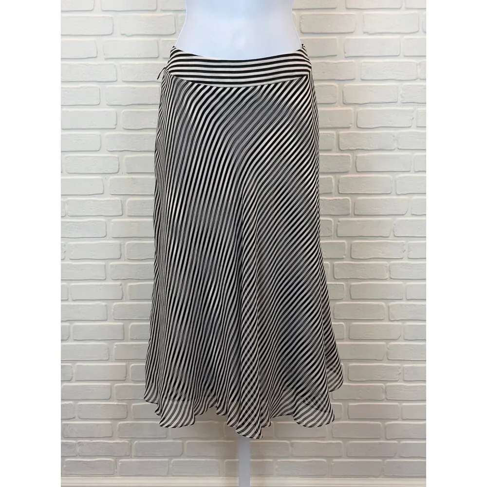 Anne Klein Silk Striped Midi Skirt Black White Bias-Cut Size 4